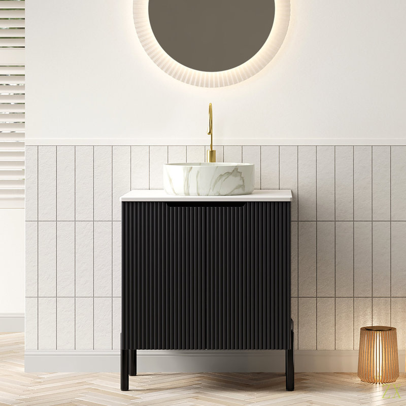 Meuble-lavabo de salle de bain 24 po avec lavabo, meuble-lavabo de salle de bain autoportant avec 2 portes rondes en céramique avec motif de pierre et comptoir Carrara