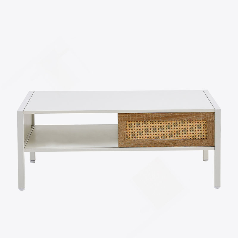 Rattan Coffee Table, Sliding Door For Storage, Metal Legs For Living Room, White, White