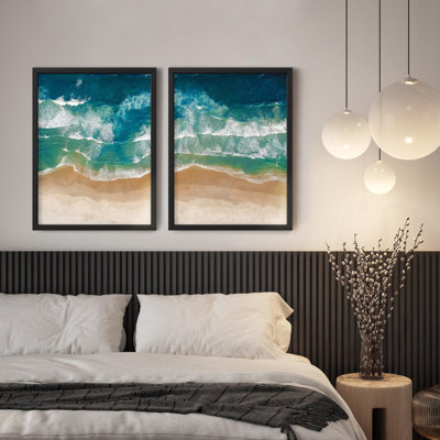 Framed Wall Art Print Aerial View of Blue and Green Gradient Beach Waves Nature Photography Landscape Illustration Decorative for Living Room, Bedroom, Office