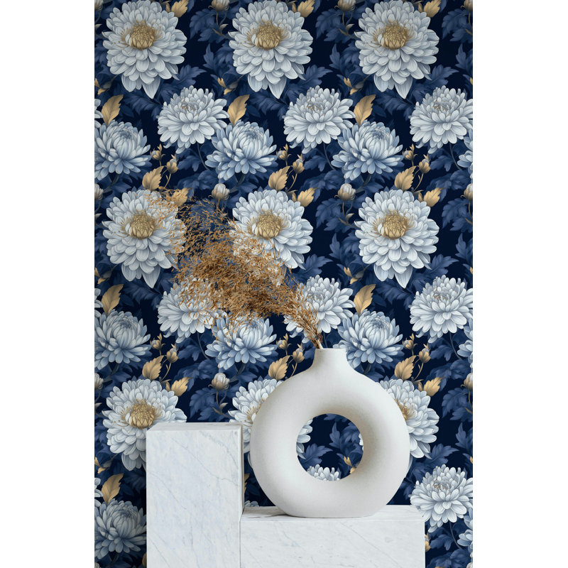 Papier peint adhésif floral bleu marine | Opulent mur de chrysanthème