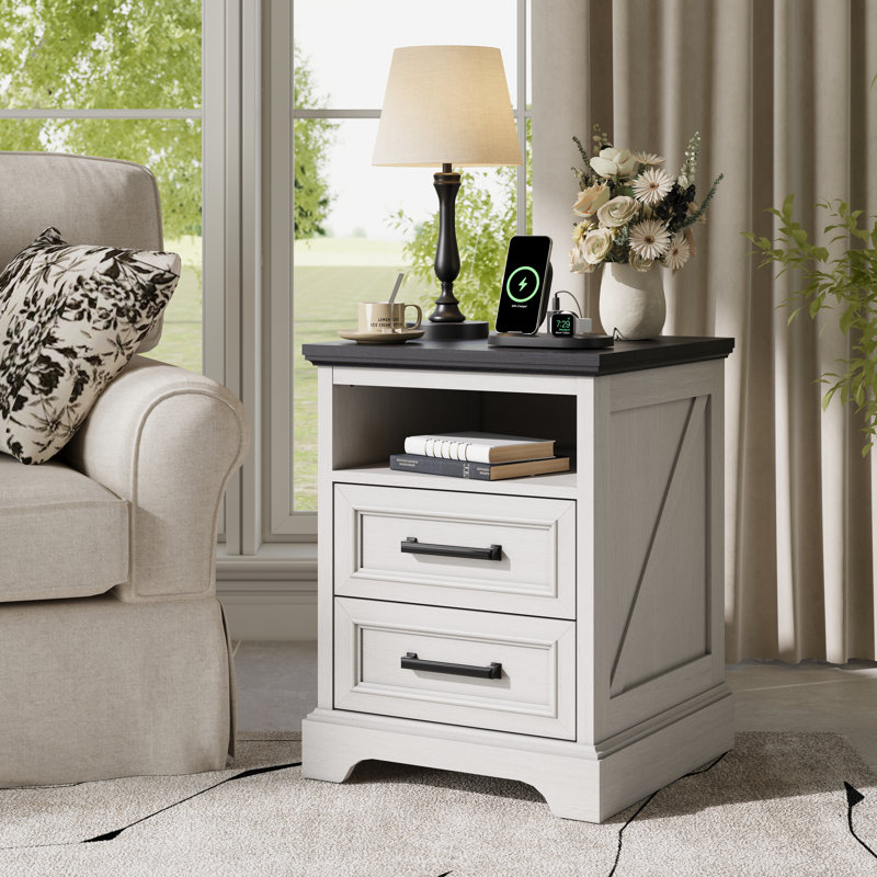 Farmhouse End Table With Charging Station, Wood Nightstand With 2 Drawers Storage & Open Cabinet, White / Black