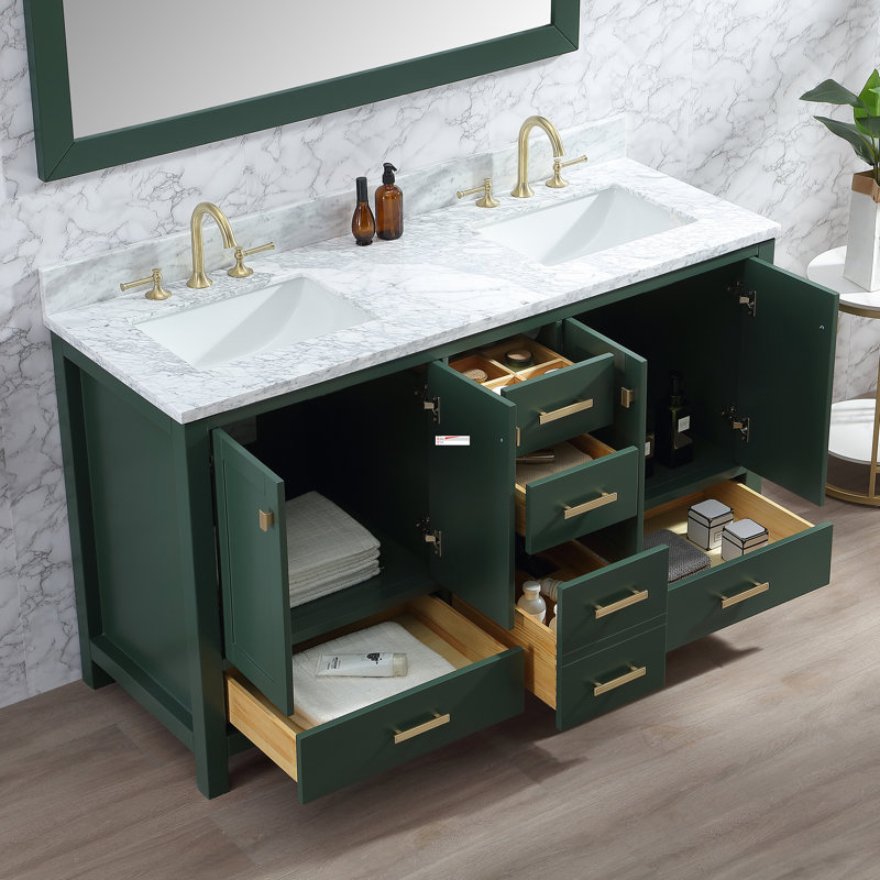 Whitney 60 " W Freestanding Standard Free Standing 2 Double Vanity Bathroom Vanity With Carrara Marble Top, Green, Gold