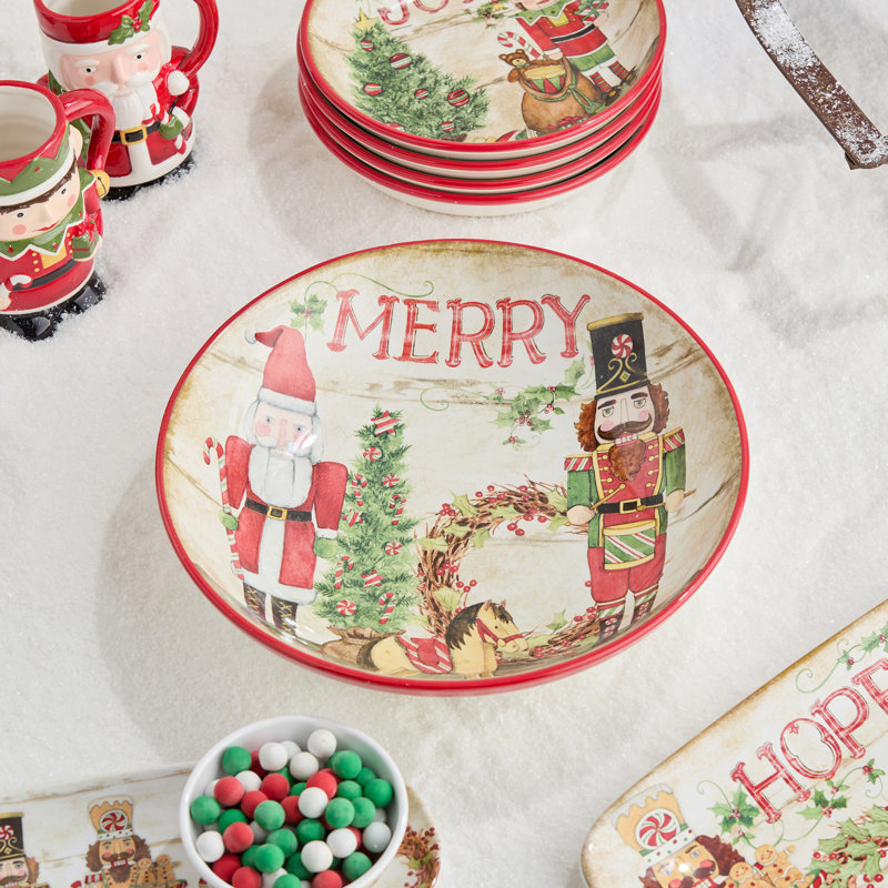 Casse-noisette, défilé en céramique des Fêtes avec Père Noël, casse-noisette et couronne de jouets - Centre de table de Noël