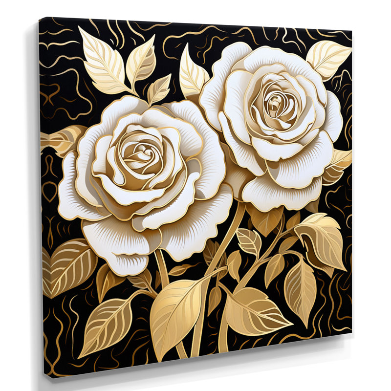 «White Rose Golden Glam Leaves - Roses», art mural, Toile tendue, H 30 po x l 30 po x P 1 po