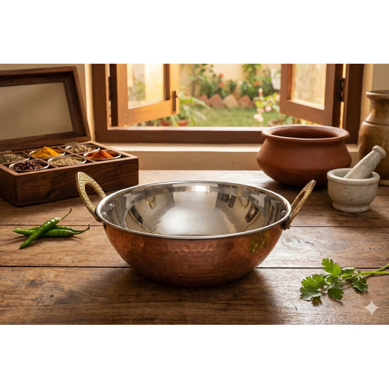 Petit kadhaï en acier inoxydable fabriqué à la main avec fond en cuivre - Mini poêle à frire indienne classique, fabrication en métal double pour une cuisson efficace et un service élégant