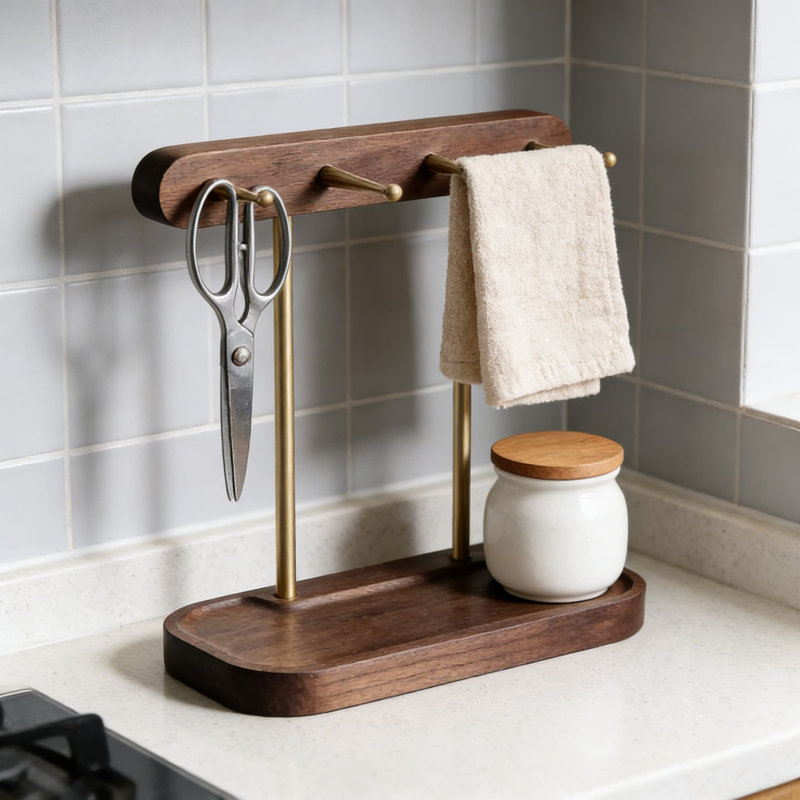Modern Key Holder Stand With Walnut Wood Base And Brass Hooks, Compact Tabletop Organizer For Keys Jewelry Sunglasses And Small Essentials, Home Decor Storage Tray