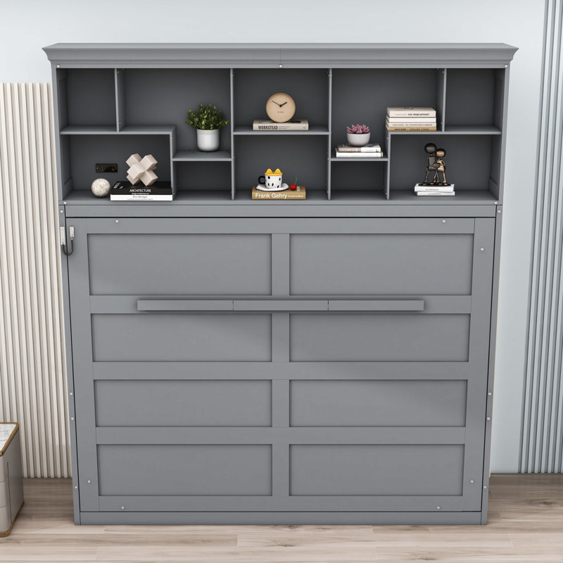 Grand lit escamotable avec tablettes supérieures et ports USB, Gris