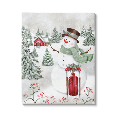 " Cheerful Snowman Red Sleigh Sled Holly Botanicals "