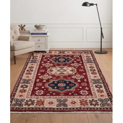 Tapis d'intérieur rectangulaire en soie et laine, crème et rouge, 152 x 244 cm, fait main, de style oriental, noué à la main.