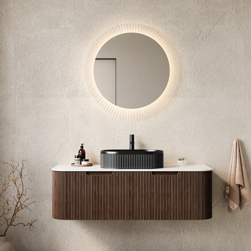 Meuble-lavabo de 48 po, lavabo vasque en céramique noire, 2 tiroirs de rangement, contreplaqué, style noyer foncé, meuble-lavabo spacieux avec design, tiroirs, pré-assemblé, glissières silencieuses à fermeture douce