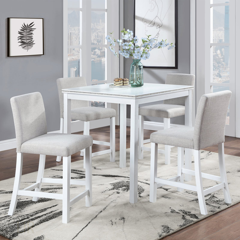 Ensemble de salle à manger 5 pièces à hauteur de comptoir avec table carrée et chaises rembourrées, décor en cristal pour une maison élégante