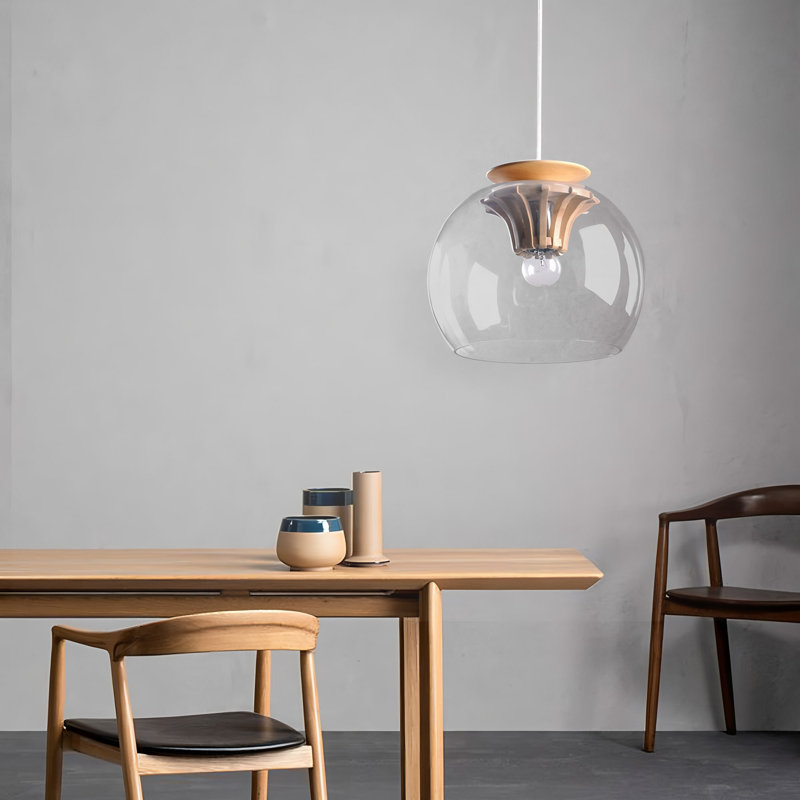 Farmhouse Industrial Chandelier Solid Wood  Clear Glass Pendant Light for Kitchen Island Dining Room Entryway