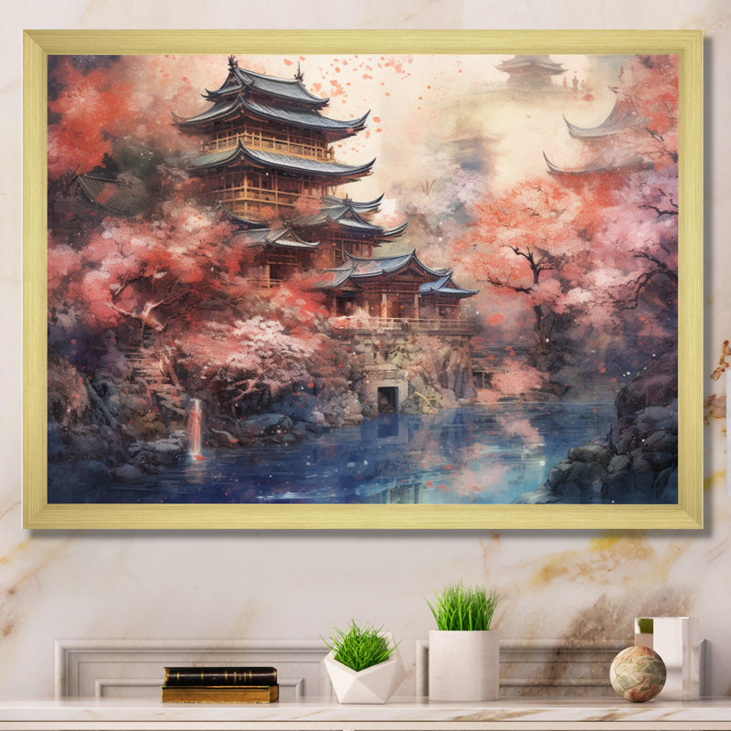 Antyone, Japon, paysage du soleil levant V - Art mural japonais, Cadre doré simple, H 24 po x l 32 po x P 1 po