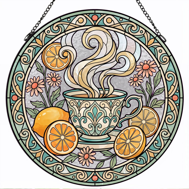 Panneau de vitrail de tasse à thé, 7,8 heures, H 7,8 po