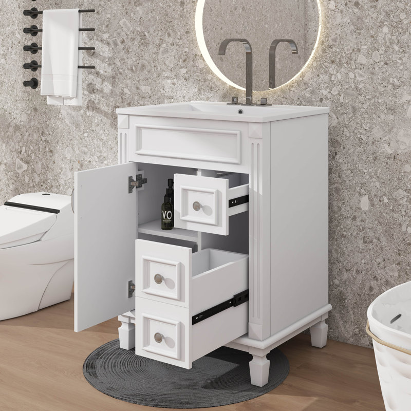 Petit meuble-lavabo 24 po avec lavabo en céramique 2 tablettes réglables, Blanc