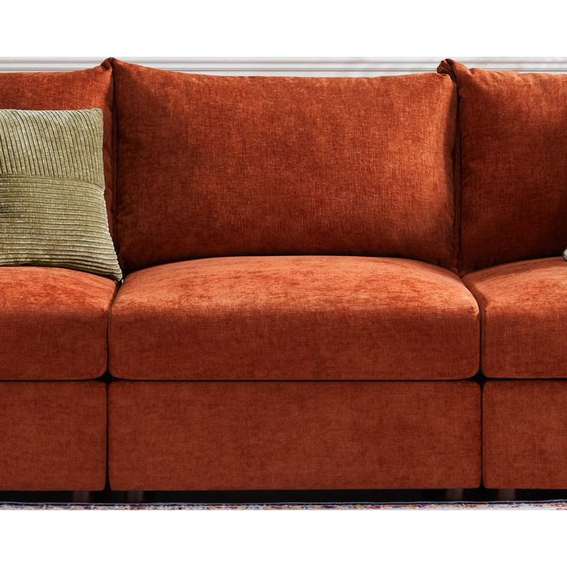 Merchelle 103' Wide Reversible Modern Modular Sectional Sofa With Storage Ottoman -Premium Chenille Fabric, Orange Chenille