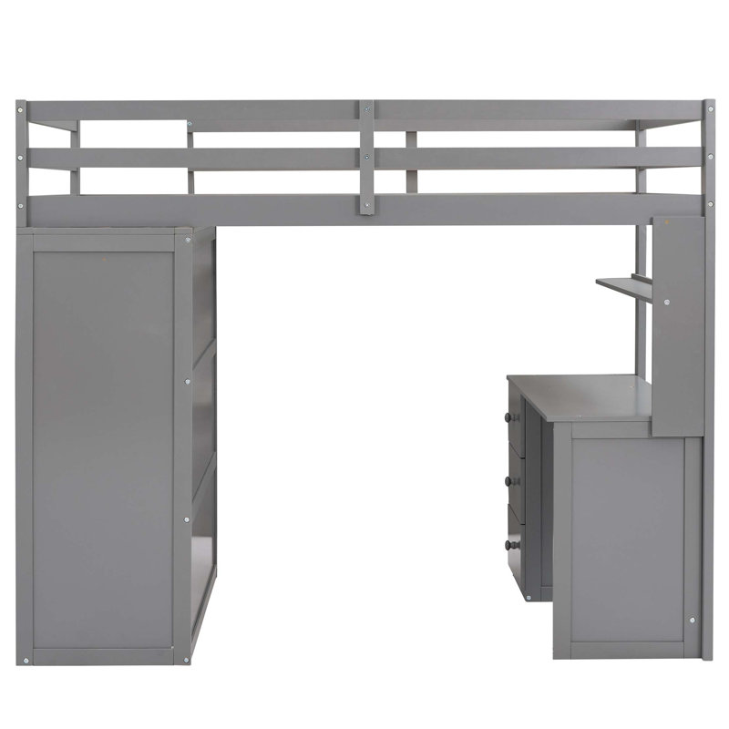 Lit mezzanine avec tiroirs, bureau et garde-robe, Lit simple, Gris