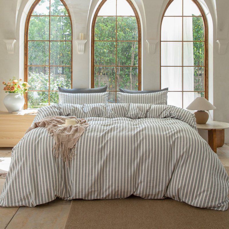 DONEUS Striped Duvet Cover Set 100% Washed Cotton Linen Like Soft Feelling Breathable Bedding, White/Black