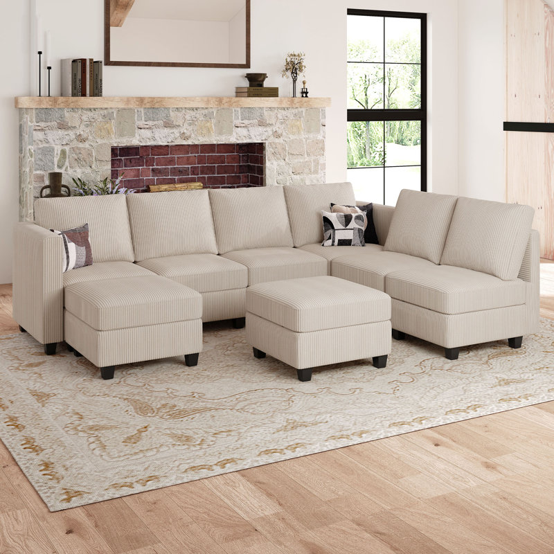 Ozeal Large U-Shaped Corduroy Sectional Modular Sofa Livingroom Storage Couch With Ottomans, Convertible Large Sofa Bed 8 ottomans Sleeper