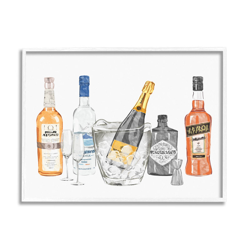 Diverses bouteilles de boissons alcoolisées, estampe numérique par Ziwei Li, H 24 po x l 30 po x P 1,5 po