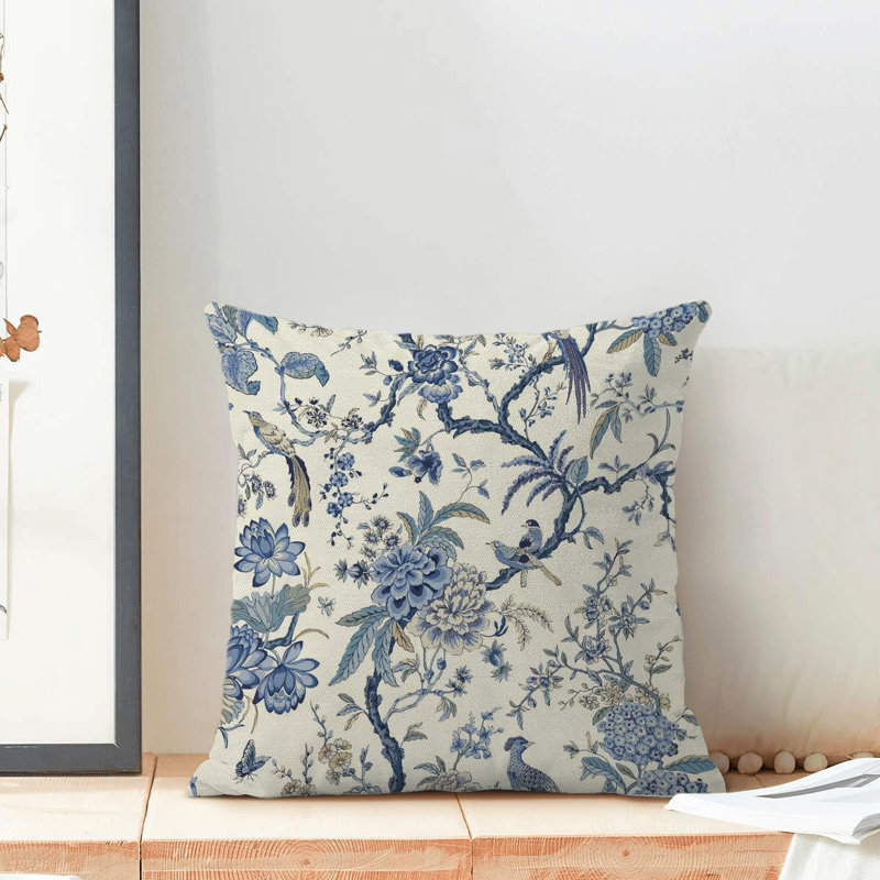 Set of 2 Embroidered Decorative Throw Pillow Covers for Couch, Bedroom, Sofa, 18"H x 18"W, Blue Floral