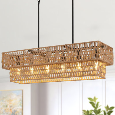 6-Light 33.46" Boho Rattan Rope Kitchen Island Chandelier For Dining Room, Farmhouse Rectangle Chandelier Light Fixture For Bar Dining Room Living Room