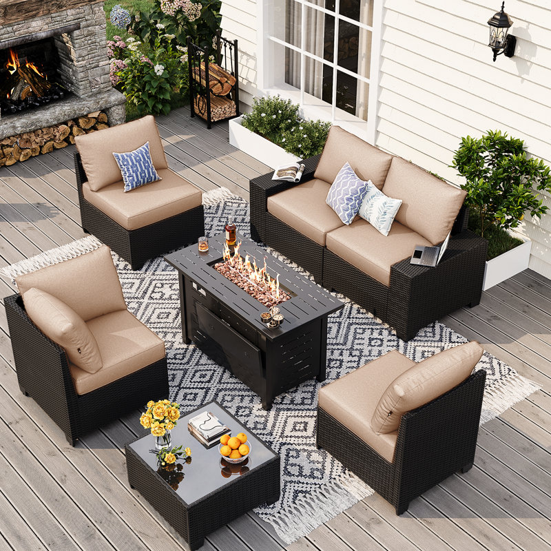 7-pieces Patio Conversation Set With Wide Armrests And Fire Pit Table,outdoor Rattan Seating Group, Beige/Brown