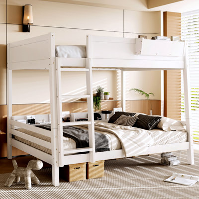 Queen Over Queen Solid Wood Bunk Bed with Shelves