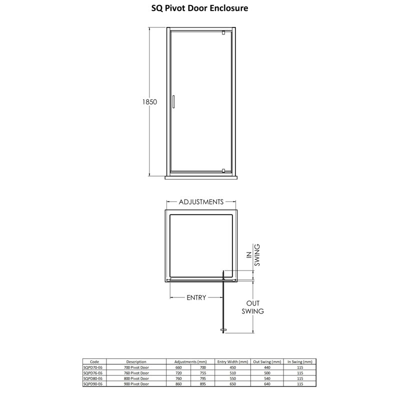 Rene Pivot Framed Shower Door with Clear Glass, 185cm H x 76cm W x 4.4cm D