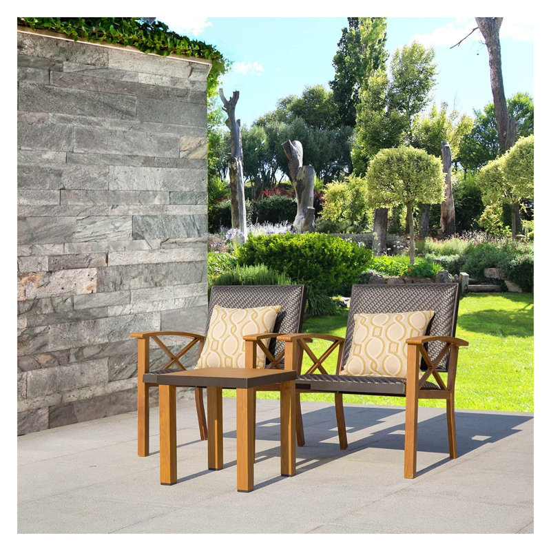 Ensemble bistro 3 pièces avec chaises en osier et grain de bois en aluminium et table basse - Ensemble de conversation extérieur toutes saisons avec coussins beiges imperméables