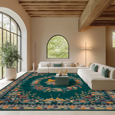 8x10 ft Butterfly Rug for Living Room, Low Pile Throw Rugs with Rubber Backing Washable Non Slip Modern Large Area Rug for Bedroom Dining Room, Dark Green