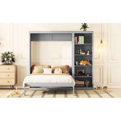 Grand lit mural gris avec tablettes, idéal pour les petits appartements, lit pliable, construction compacte, matelas à lattes flexibles, pratique et élégant