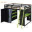 Lit mezzanine en bois avec garde-robe, tablettes, rideaux occultants et lumières RVB-1062561971