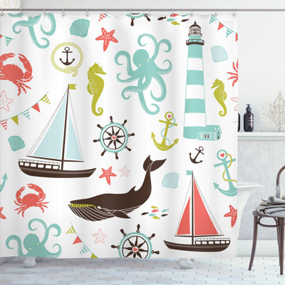 East Urban Home Nautical Shower Curtain Pastel Marine Elements Multicolor