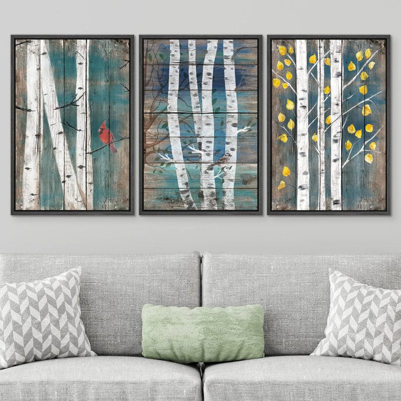 "Aspen Birch Birch Trees" sur fond de bois, reproduction sur toile 3 pièces, Noir, H 24 po x l 48 po x P 1,5 po