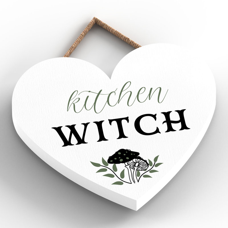 Kitchen Witch Mushrooms Wooden Heart Plaque, 10cm H x 9cm W x 0.5cm D, White