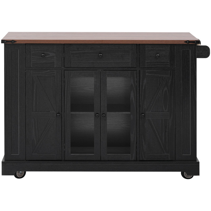 53'' Kitchen Cart With Two Tempered Glass Doors, 5 Open Storage , 3 Drawers, Rolling Drop Leaf, Power, Black For & Dining Style Island 53'', Shelves, Cart, Power Outlet, Room