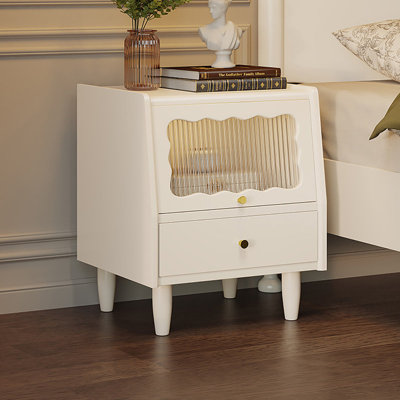 2-Tier Nightstand with Drawer & Open Shelf, Rubberwood Bedside, White