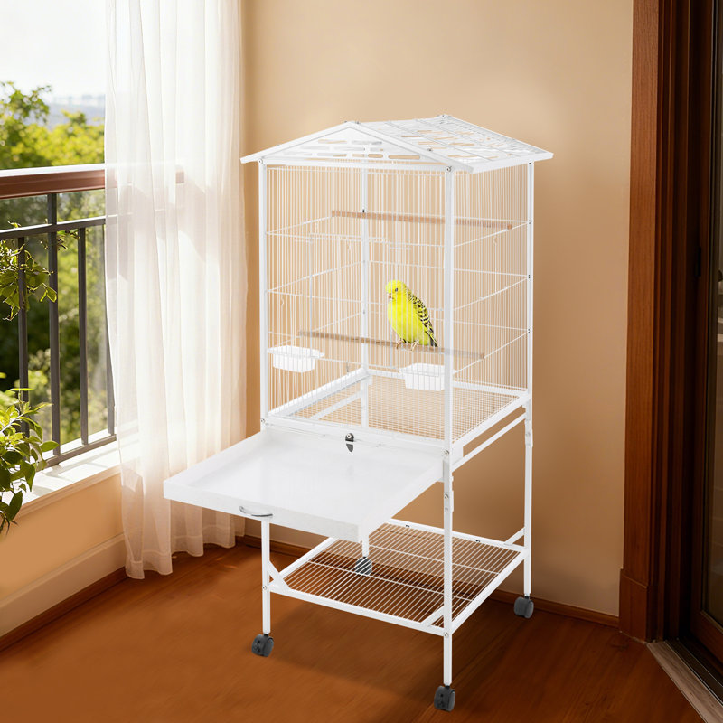 Cage à oiseaux roulante avec support, cage à oiseaux en métal sur roulettes, Blanc