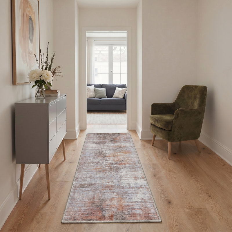Arteo Abstract Machine Washable Brown / White / Orange Indoor Area Rug with Non-Slip Backing, Runner 2' x 7'