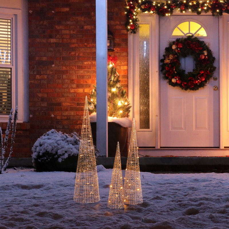 Set Of 3 Lighted Christmas Plastic Champagne Gold Cone Tree With 65 Warm White LED Lights