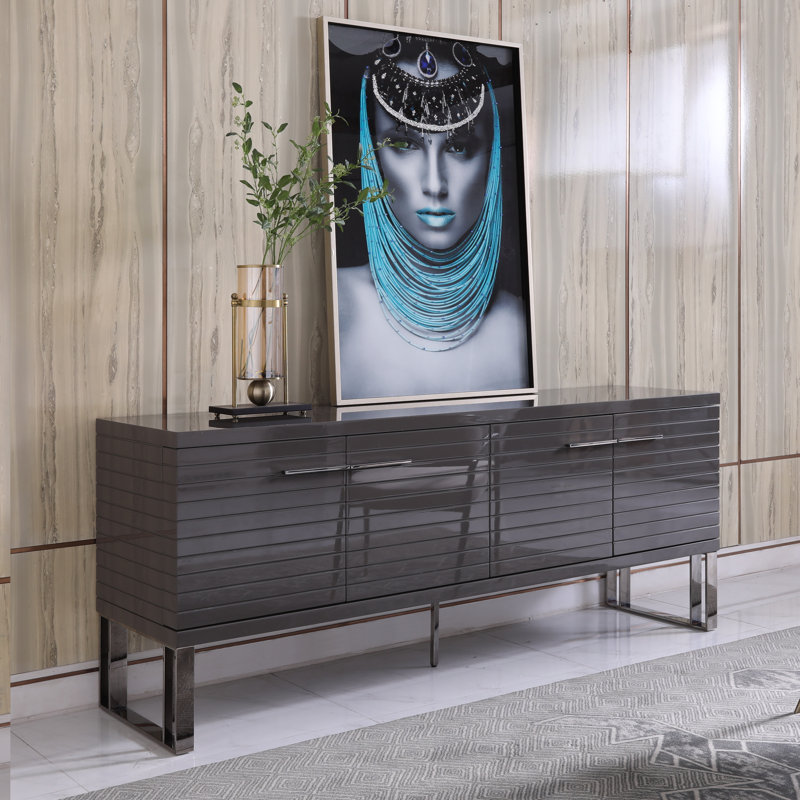 Splendor 79'' Dark Gray High Gloss Sideboard with Gunmetal Details