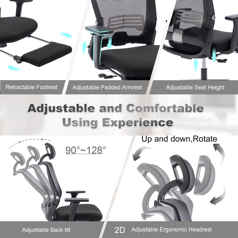 Nikaylah Foldable Mesh Office Chair, Ergonomic Task Chair with 2D Headrest , 2D Armrest and Footrest, Black