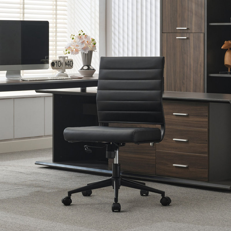 Amaiia Mid-Back Upholstered Armless Swivel Task Chair Ergonomic Adjustable Conference Chair, Matte Black / Matte Black