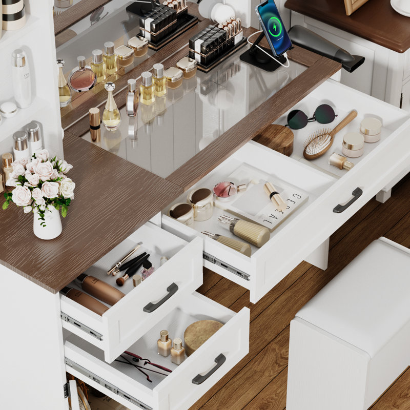 Greyden Vanity Set with Glass Top and Outlets, Brown/White