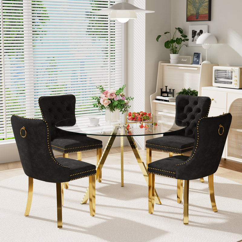 5-Piece Pedestal Gold Dining Set, Black, 30" H x 47" W x 47" D