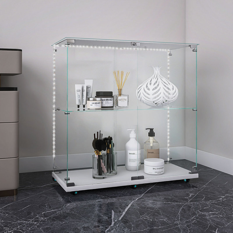 Tempered Glass Display Cabinet,Wine Cabinet,Storage Cabinet,File Cabinet,With Bluetooth LED Light Strip,Lockable Swivel Casters,Suitable For Uneven Ground,Can Be Placed Anywhere