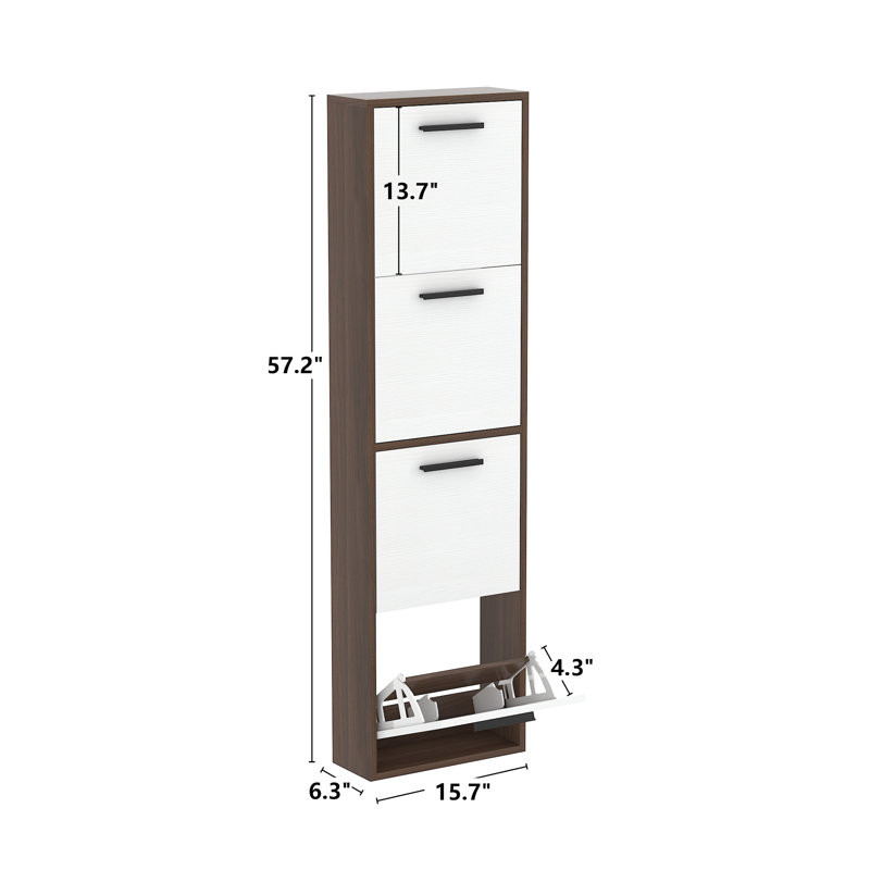 Latitude RunÂ® Shoe Cabinet , Wall Mounted Shoe Organizer With 4 Flip Drawers, 57.2" H x 15.7" W x 6.3" D, Walnut/White