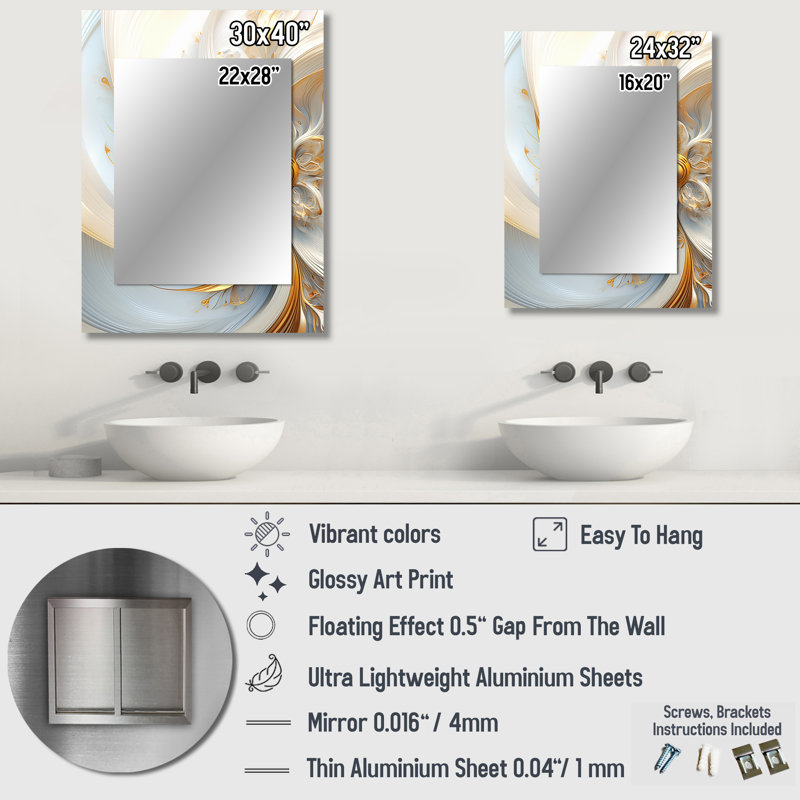 Whirling While Glam Fractals In Gold And White I - Fractals Decorative Mirror, Modern Wall Mirror, Printed Metal Art