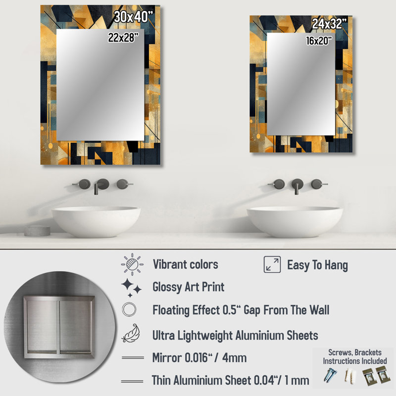 Gold Cubist Visions II - miroir cubique, miroir mural décoratif doré, impression d'art en métal, 40 po x 30 po